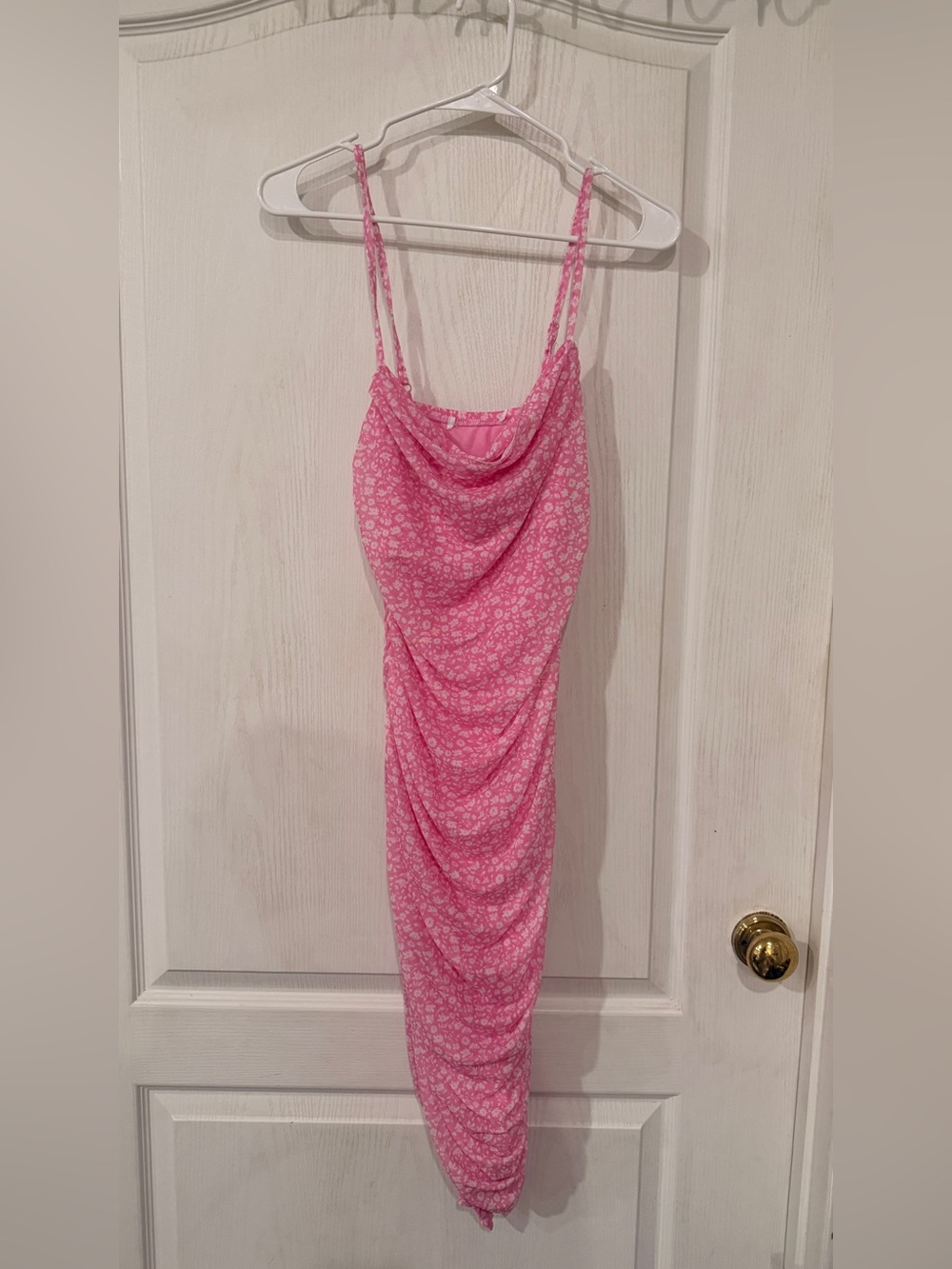 Pink Floral Cowl Neck Spaghetti Strap Dress